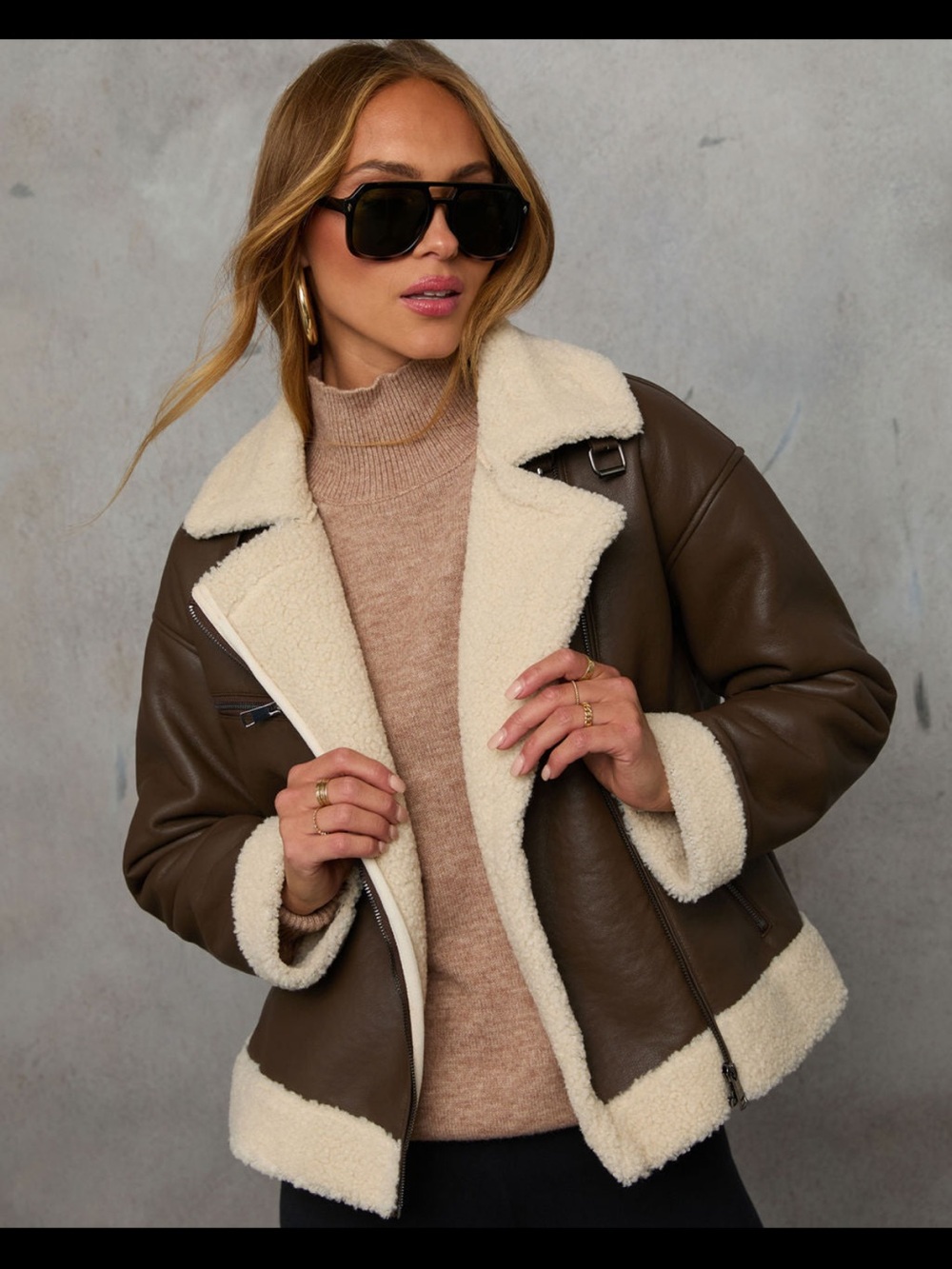 Women's Brown Faux Leather Sherpa Jacket with Cream Trim